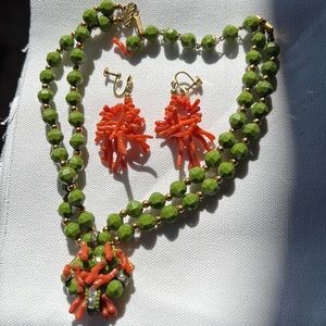 Vintage unsigned Miriam Haskell Necklace Earrings faux coral /jade beads gold